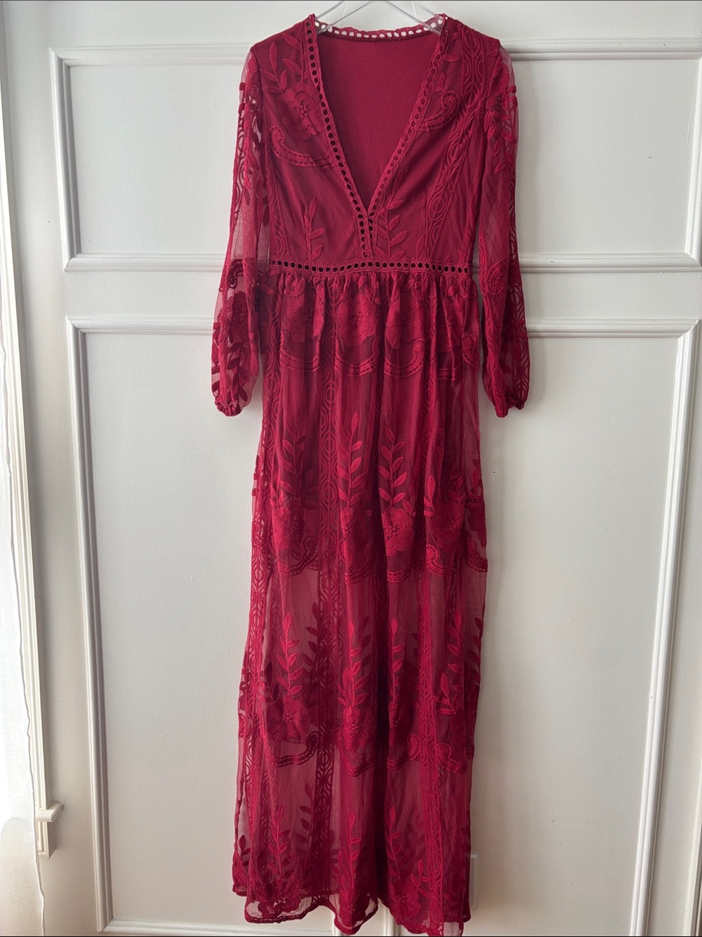 Women’s Red Lace Maxi Dress - V-Neck Long Sleeve